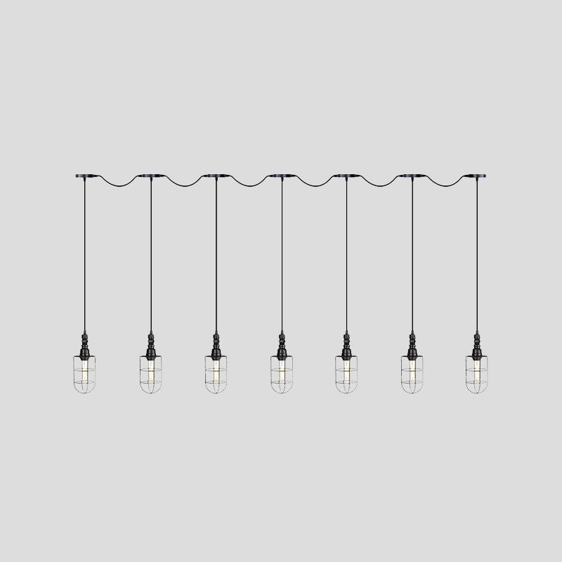 3/5/7-Head Iron Tandem Multi Ceiling Light Rustic Black Finish Wire Cage Restaurant Pendulum Lamp Clearhalo 'Art Deco Pendants' 'Black' 'Cast Iron' 'Ceiling Lights' 'Ceramic' 'Crystal' 'Industrial Pendants' 'Industrial' 'Metal' 'Middle Century Pendants' 'Pendant Lights' 'Pendants' 'Rustic Pendants' 'Tiffany' Lighting' 753985