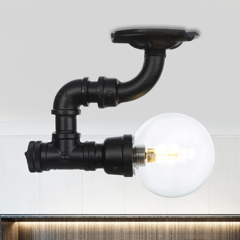 Clear Glass Ball Semi Flushmount Vintage 1 Head Hallway LED Ceiling Flush Mount in Black Black B Clearhalo 'Ceiling Lights' 'Close To Ceiling Lights' 'Close to ceiling' 'Glass shade' 'Glass' 'Semi-flushmount' Lighting' 754047