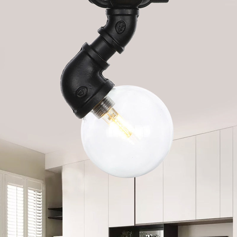 Clear Glass Ball Semi Flushmount Vintage 1 Head Hallway LED Ceiling Flush Mount in Black Black D Clearhalo 'Ceiling Lights' 'Close To Ceiling Lights' 'Close to ceiling' 'Glass shade' 'Glass' 'Semi-flushmount' Lighting' 754057