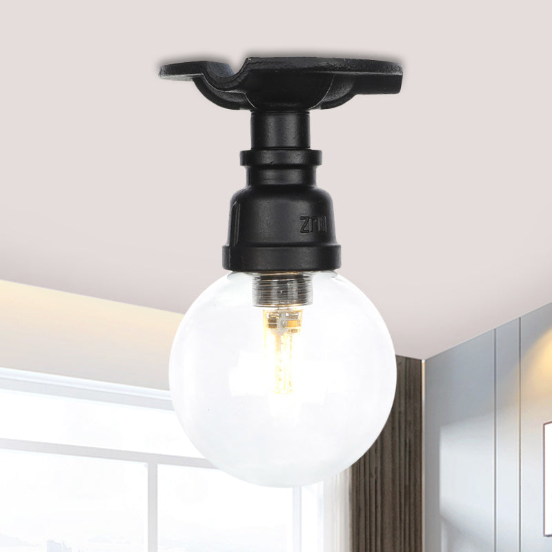 Orb Clear Glass Semi Flush Lighting Industrial 1 Bulb Restaurant Ceiling Mounted Fixture in Black Black B Clearhalo 'Ceiling Lights' 'Close To Ceiling Lights' 'Close to ceiling' 'Glass shade' 'Glass' 'Semi-flushmount' Lighting' 754066
