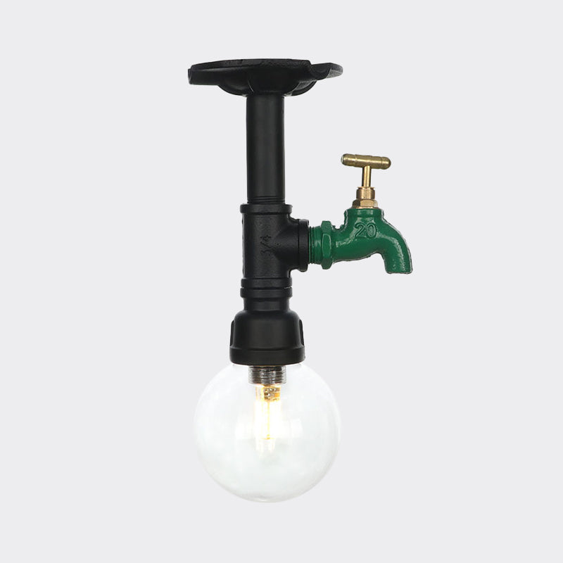 Orb Clear Glass Semi Flush Lighting Industrial 1 Bulb Restaurant Ceiling Mounted Fixture in Black Clearhalo 'Ceiling Lights' 'Close To Ceiling Lights' 'Close to ceiling' 'Glass shade' 'Glass' 'Semi-flushmount' Lighting' 754079