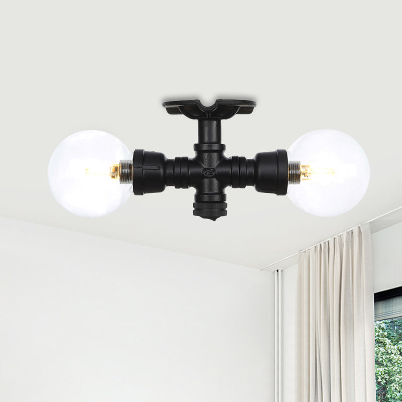 2 Lights Sphere Semi Mount Lighting Antiqued Black Finish Clear Glass Flush Mounted Lamp Black A Clearhalo 'Ceiling Lights' 'Close To Ceiling Lights' 'Close to ceiling' 'Glass shade' 'Glass' 'Semi-flushmount' Lighting' 754081