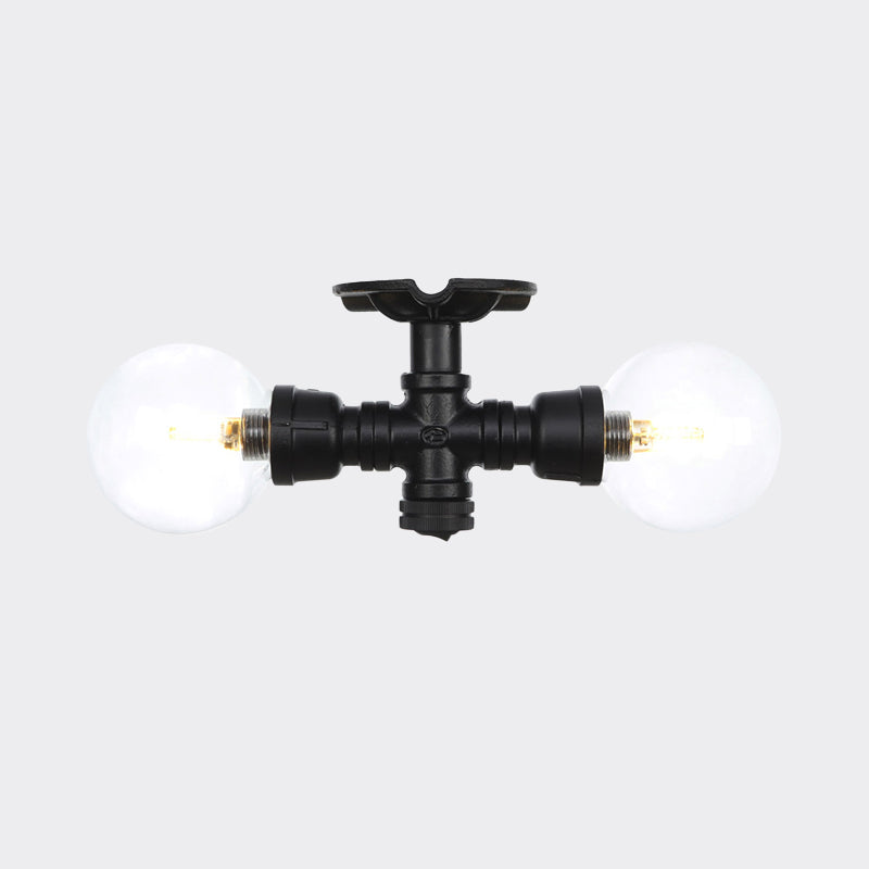 2 Lights Sphere Semi Mount Lighting Antiqued Black Finish Clear Glass Flush Mounted Lamp Clearhalo 'Ceiling Lights' 'Close To Ceiling Lights' 'Close to ceiling' 'Glass shade' 'Glass' 'Semi-flushmount' Lighting' 754083