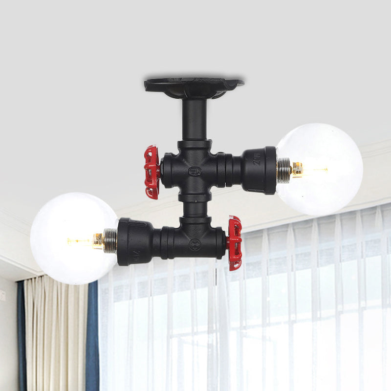 2 Lights Sphere Semi Mount Lighting Antiqued Black Finish Clear Glass Flush Mounted Lamp Black B Clearhalo 'Ceiling Lights' 'Close To Ceiling Lights' 'Close to ceiling' 'Glass shade' 'Glass' 'Semi-flushmount' Lighting' 754085