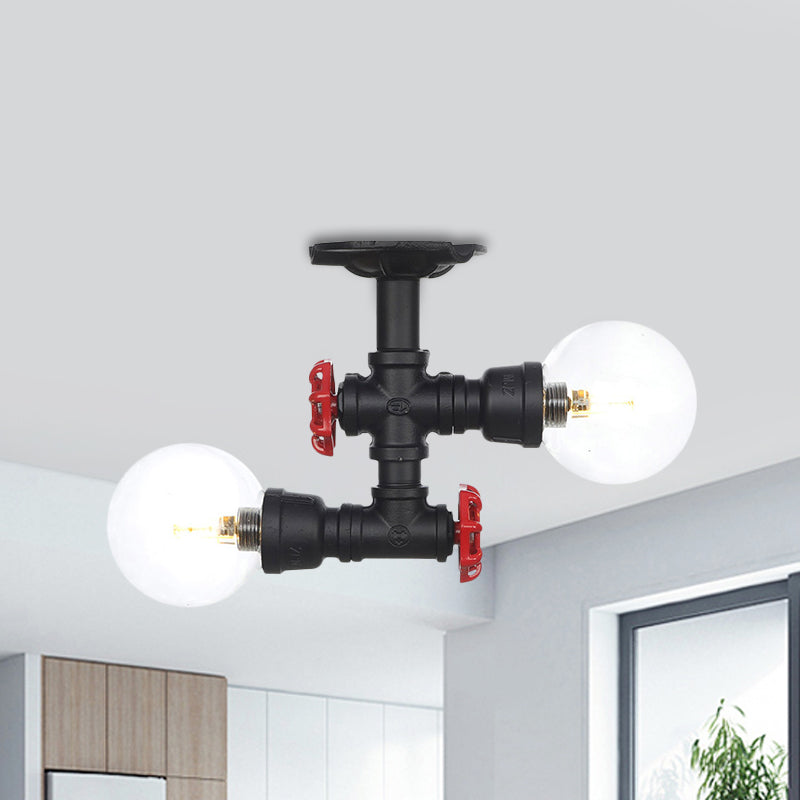 2 Lights Sphere Semi Mount Lighting Antiqued Black Finish Clear Glass Flush Mounted Lamp Clearhalo 'Ceiling Lights' 'Close To Ceiling Lights' 'Close to ceiling' 'Glass shade' 'Glass' 'Semi-flushmount' Lighting' 754086