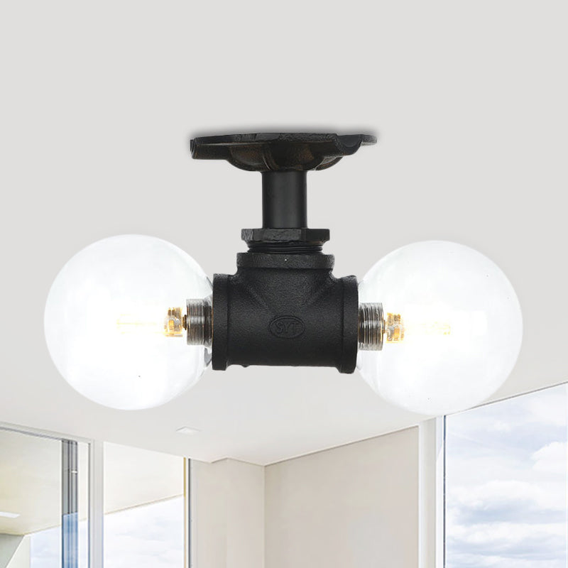 2 Lights Sphere Semi Mount Lighting Antiqued Black Finish Clear Glass Flush Mounted Lamp Black C Clearhalo 'Ceiling Lights' 'Close To Ceiling Lights' 'Close to ceiling' 'Glass shade' 'Glass' 'Semi-flushmount' Lighting' 754090