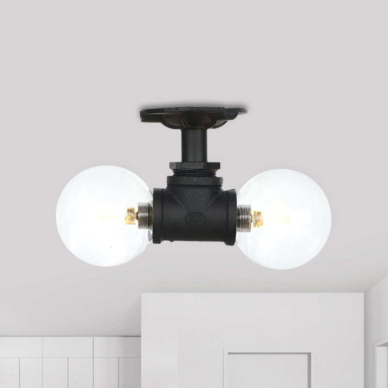 2 Lights Sphere Semi Mount Lighting Antiqued Black Finish Clear Glass Flush Mounted Lamp Clearhalo 'Ceiling Lights' 'Close To Ceiling Lights' 'Close to ceiling' 'Glass shade' 'Glass' 'Semi-flushmount' Lighting' 754091
