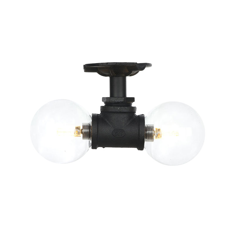 2 Lights Sphere Semi Mount Lighting Antiqued Black Finish Clear Glass Flush Mounted Lamp Clearhalo 'Ceiling Lights' 'Close To Ceiling Lights' 'Close to ceiling' 'Glass shade' 'Glass' 'Semi-flushmount' Lighting' 754092