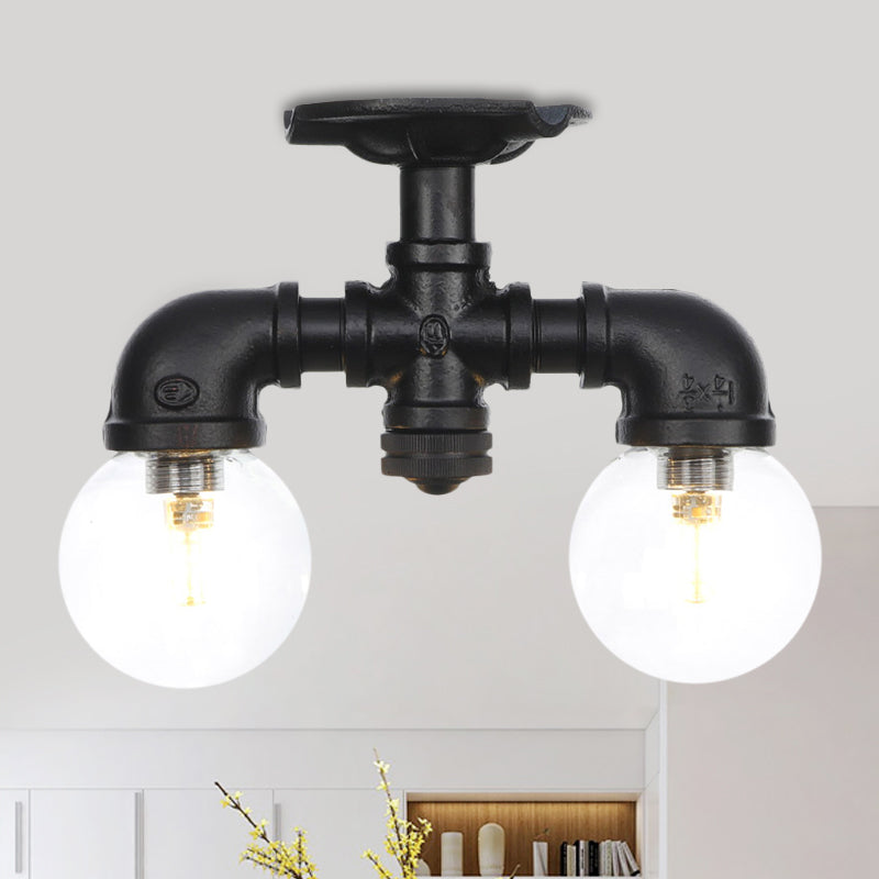 2 Lights Sphere Semi Mount Lighting Antiqued Black Finish Clear Glass Flush Mounted Lamp Black D Clearhalo 'Ceiling Lights' 'Close To Ceiling Lights' 'Close to ceiling' 'Glass shade' 'Glass' 'Semi-flushmount' Lighting' 754095