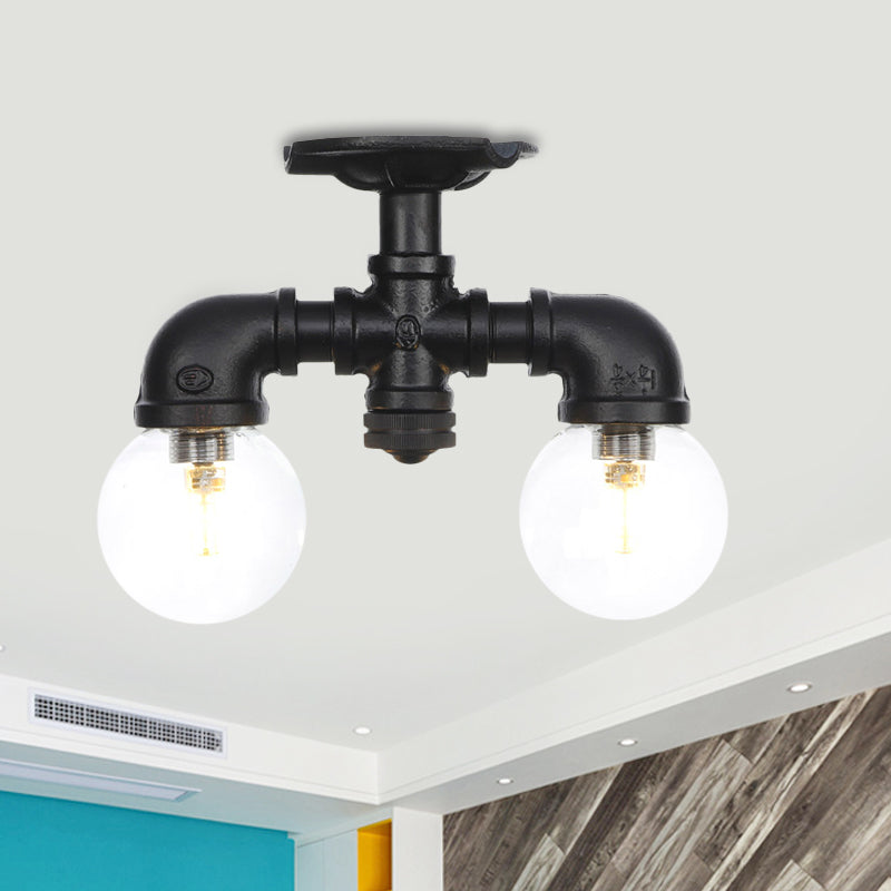 2 Lights Sphere Semi Mount Lighting Antiqued Black Finish Clear Glass Flush Mounted Lamp Clearhalo 'Ceiling Lights' 'Close To Ceiling Lights' 'Close to ceiling' 'Glass shade' 'Glass' 'Semi-flushmount' Lighting' 754096