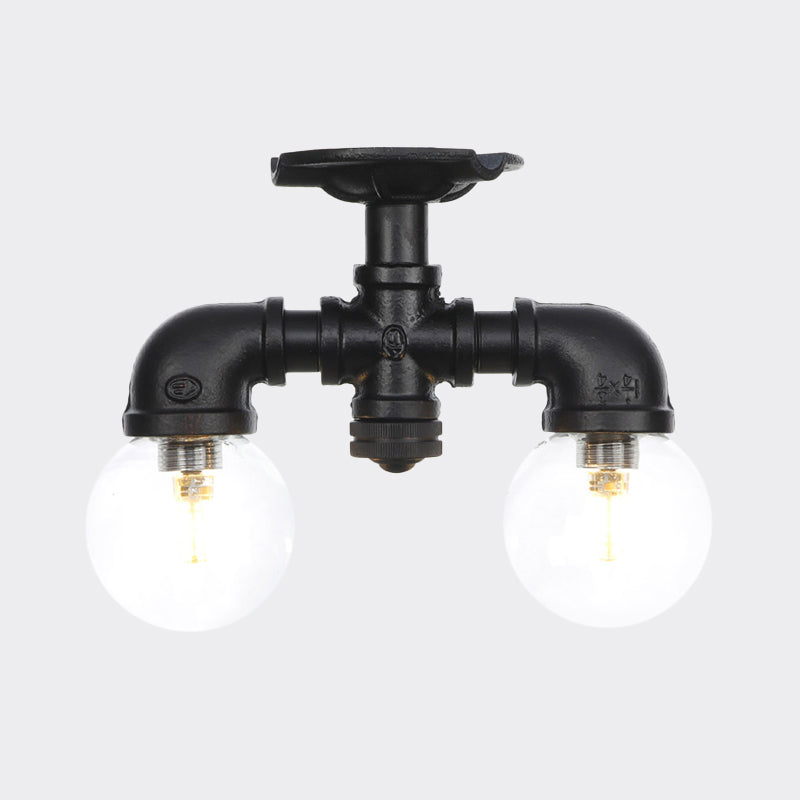 2 Lights Sphere Semi Mount Lighting Antiqued Black Finish Clear Glass Flush Mounted Lamp Clearhalo 'Ceiling Lights' 'Close To Ceiling Lights' 'Close to ceiling' 'Glass shade' 'Glass' 'Semi-flushmount' Lighting' 754098