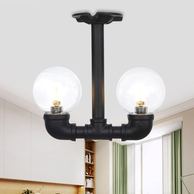Ball Corridor Semi Flush Light Fixture Vintage Clear Glass 2 Bulbs Black LED Ceiling Lamp Black A Clearhalo 'Ceiling Lights' 'Close To Ceiling Lights' 'Close to ceiling' 'Glass shade' 'Glass' 'Pendant Lights' 'Semi-flushmount' Lighting' 754100