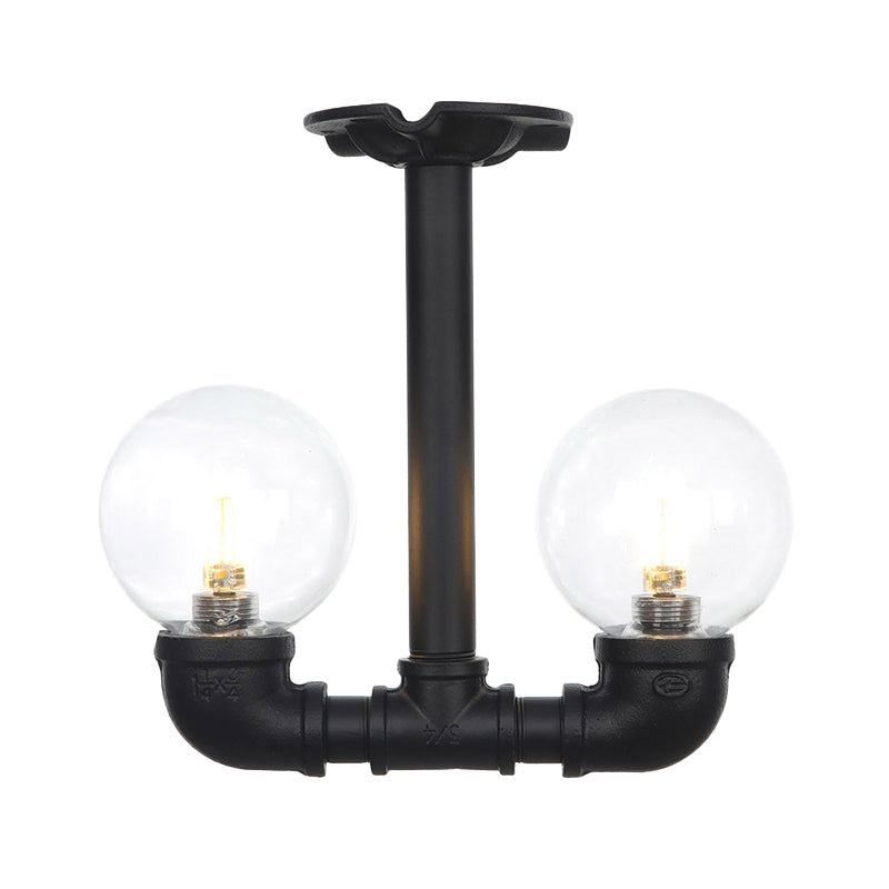 Ball Corridor Semi Flush Light Fixture Vintage Clear Glass 2 Bulbs Black LED Ceiling Lamp Clearhalo 'Ceiling Lights' 'Close To Ceiling Lights' 'Close to ceiling' 'Glass shade' 'Glass' 'Pendant Lights' 'Semi-flushmount' Lighting' 754101