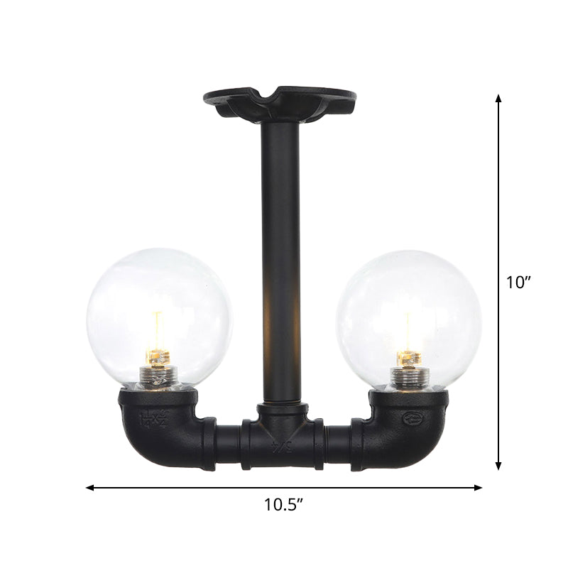 Ball Corridor Semi Flush Light Fixture Vintage Clear Glass 2 Bulbs Black LED Ceiling Lamp Clearhalo 'Ceiling Lights' 'Close To Ceiling Lights' 'Close to ceiling' 'Glass shade' 'Glass' 'Pendant Lights' 'Semi-flushmount' Lighting' 754103