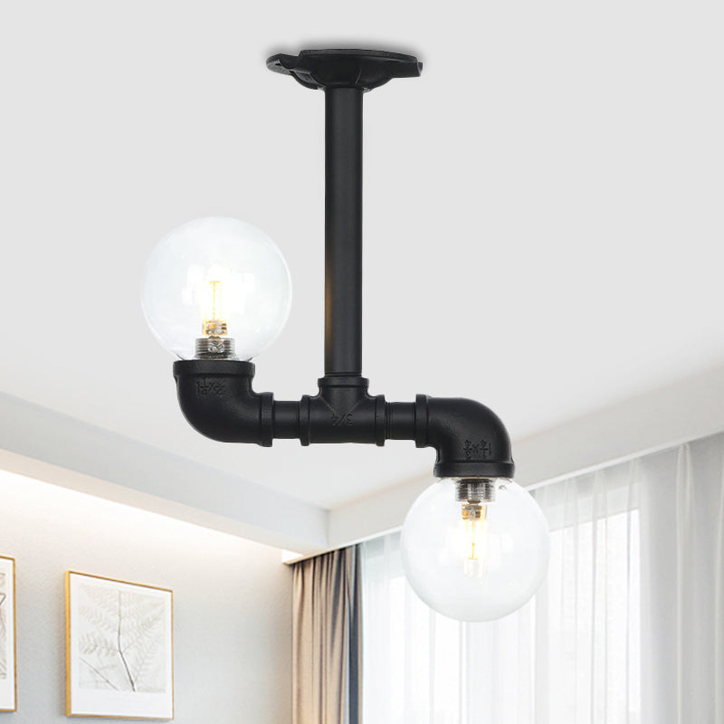Ball Corridor Semi Flush Light Fixture Vintage Clear Glass 2 Bulbs Black LED Ceiling Lamp Black B Clearhalo 'Ceiling Lights' 'Close To Ceiling Lights' 'Close to ceiling' 'Glass shade' 'Glass' 'Pendant Lights' 'Semi-flushmount' Lighting' 754104