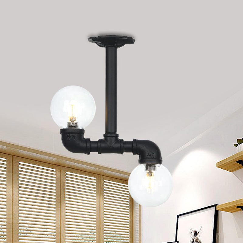 Ball Corridor Semi Flush Light Fixture Vintage Clear Glass 2 Bulbs Black LED Ceiling Lamp Clearhalo 'Ceiling Lights' 'Close To Ceiling Lights' 'Close to ceiling' 'Glass shade' 'Glass' 'Pendant Lights' 'Semi-flushmount' Lighting' 754105