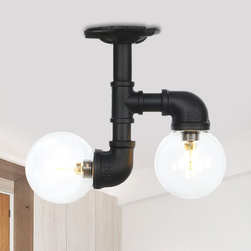 Ball Corridor Semi Flush Light Fixture Vintage Clear Glass 2 Bulbs Black LED Ceiling Lamp Black C Clearhalo 'Ceiling Lights' 'Close To Ceiling Lights' 'Close to ceiling' 'Glass shade' 'Glass' 'Pendant Lights' 'Semi-flushmount' Lighting' 754109