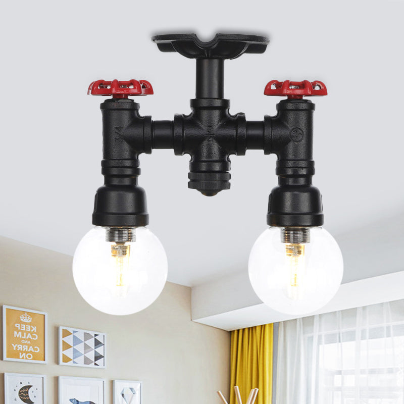 Ball Corridor Semi Flush Light Fixture Vintage Clear Glass 2 Bulbs Black LED Ceiling Lamp Black D Clearhalo 'Ceiling Lights' 'Close To Ceiling Lights' 'Close to ceiling' 'Glass shade' 'Glass' 'Pendant Lights' 'Semi-flushmount' Lighting' 754114