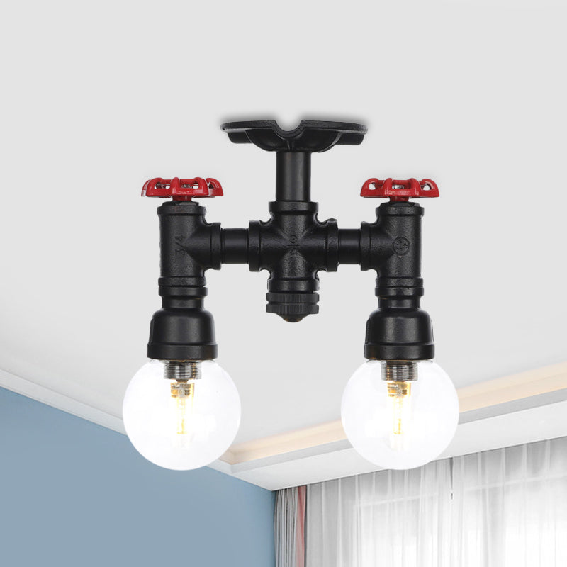 Ball Corridor Semi Flush Light Fixture Vintage Clear Glass 2 Bulbs Black LED Ceiling Lamp Clearhalo 'Ceiling Lights' 'Close To Ceiling Lights' 'Close to ceiling' 'Glass shade' 'Glass' 'Pendant Lights' 'Semi-flushmount' Lighting' 754115