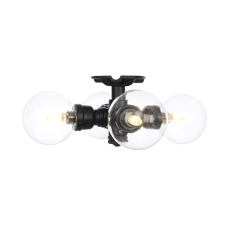 Industrial-Style Orb Semi Flush Light 3/4 Lights Clear Glass LED Flushmount Lamp in Black Clearhalo 'Ceiling Lights' 'Close To Ceiling Lights' 'Close to ceiling' 'Glass shade' 'Glass' 'Semi-flushmount' Lighting' 754130