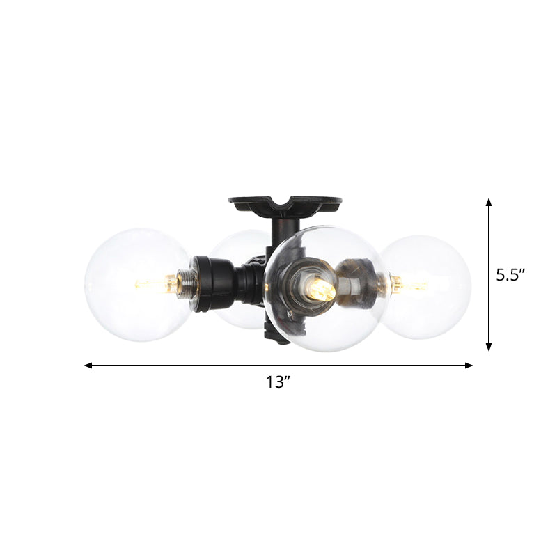 Industrial-Style Orb Semi Flush Light 3/4 Lights Clear Glass LED Flushmount Lamp in Black Clearhalo 'Ceiling Lights' 'Close To Ceiling Lights' 'Close to ceiling' 'Glass shade' 'Glass' 'Semi-flushmount' Lighting' 754132