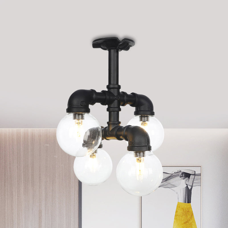 Black 4/5/6-Head Semi Flushmount Antiqued Clear Glass Ball LED Close to Ceiling Lighting Black A Clearhalo 'Ceiling Lights' 'Close To Ceiling Lights' 'Close to ceiling' 'Glass shade' 'Glass' 'Semi-flushmount' Lighting' 754138