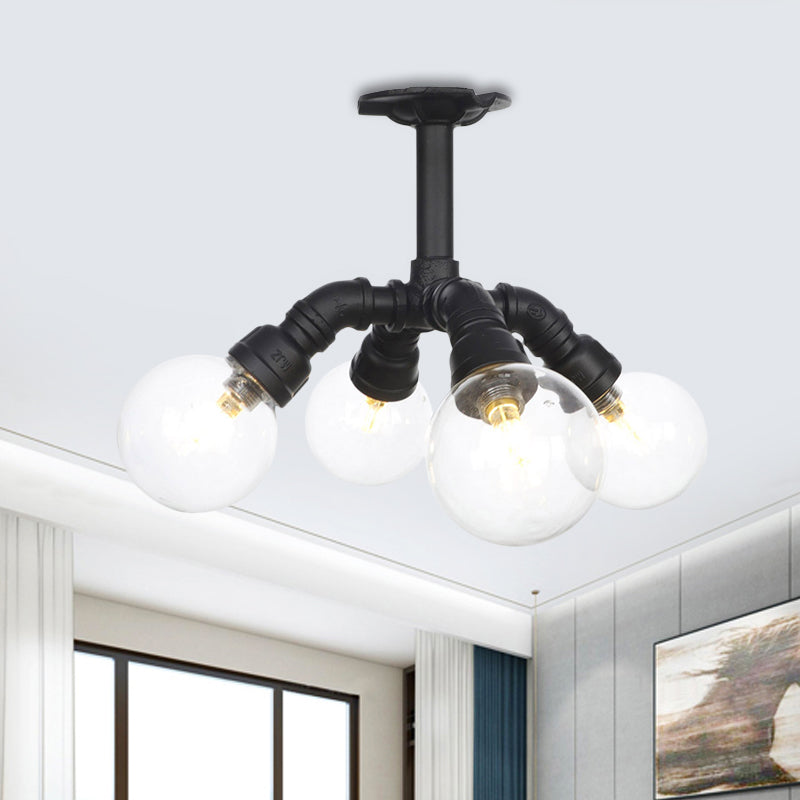 Black 4/5/6-Head Semi Flushmount Antiqued Clear Glass Ball LED Close to Ceiling Lighting Clearhalo 'Ceiling Lights' 'Close To Ceiling Lights' 'Close to ceiling' 'Glass shade' 'Glass' 'Semi-flushmount' Lighting' 754143