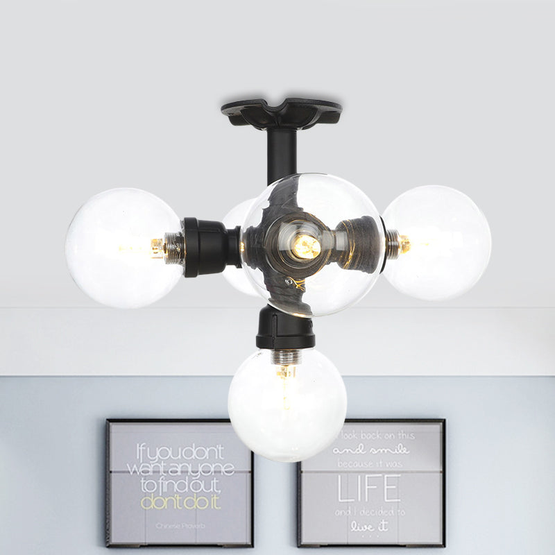 Black 4/5/6-Head Semi Flushmount Antiqued Clear Glass Ball LED Close to Ceiling Lighting Clearhalo 'Ceiling Lights' 'Close To Ceiling Lights' 'Close to ceiling' 'Glass shade' 'Glass' 'Semi-flushmount' Lighting' 754148