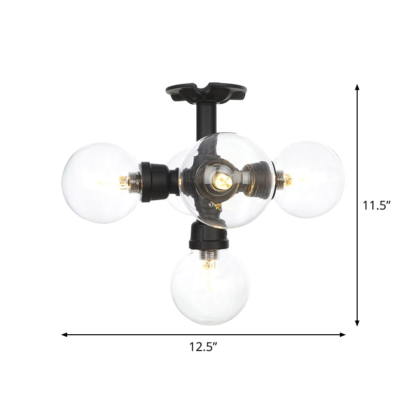 Black 4/5/6-Head Semi Flushmount Antiqued Clear Glass Ball LED Close to Ceiling Lighting Clearhalo 'Ceiling Lights' 'Close To Ceiling Lights' 'Close to ceiling' 'Glass shade' 'Glass' 'Semi-flushmount' Lighting' 754151