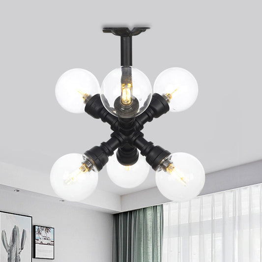 Black 4/5/6-Head Semi Flushmount Antiqued Clear Glass Ball LED Close to Ceiling Lighting Clearhalo 'Ceiling Lights' 'Close To Ceiling Lights' 'Close to ceiling' 'Glass shade' 'Glass' 'Semi-flushmount' Lighting' 754153