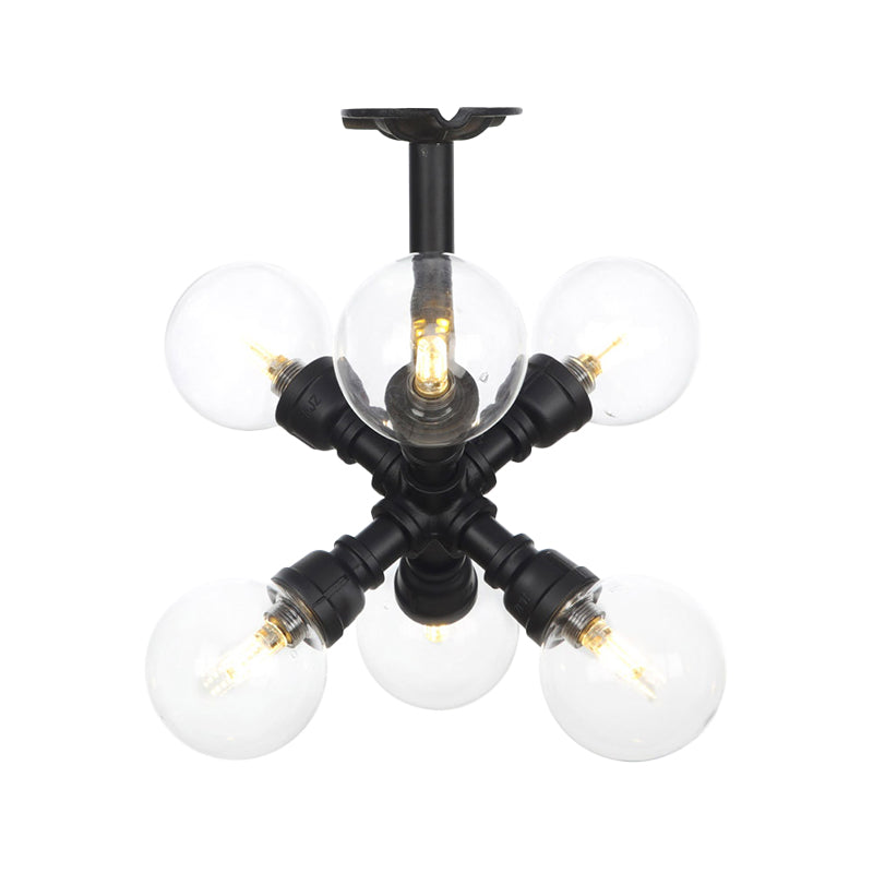 Black 4/5/6-Head Semi Flushmount Antiqued Clear Glass Ball LED Close to Ceiling Lighting Clearhalo 'Ceiling Lights' 'Close To Ceiling Lights' 'Close to ceiling' 'Glass shade' 'Glass' 'Semi-flushmount' Lighting' 754154