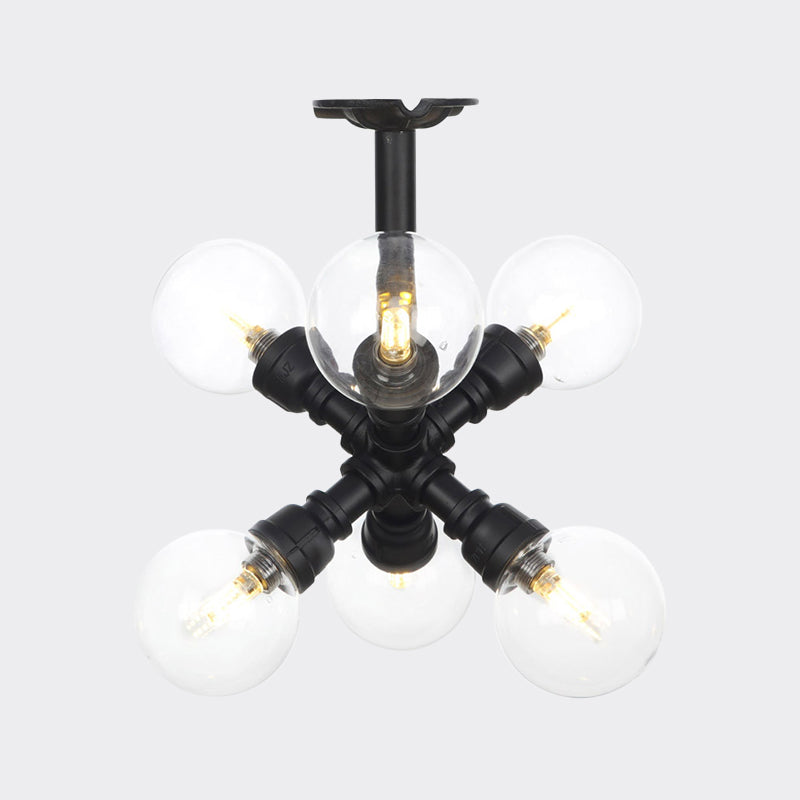 Black 4/5/6-Head Semi Flushmount Antiqued Clear Glass Ball LED Close to Ceiling Lighting Clearhalo 'Ceiling Lights' 'Close To Ceiling Lights' 'Close to ceiling' 'Glass shade' 'Glass' 'Semi-flushmount' Lighting' 754155
