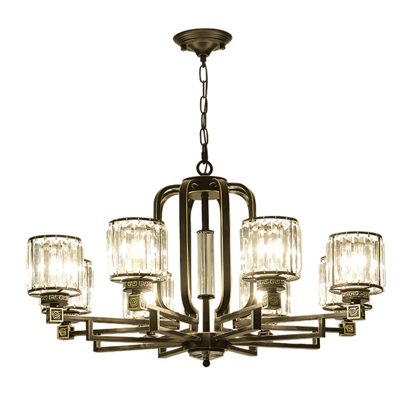 Black Cylindrical Ceiling Chandelier Contemporary Crystal Block 6/8-Light Living Room Pendant Lamp Fixture Clearhalo 'Ceiling Lights' 'Chandeliers' 'Modern Chandeliers' 'Modern' Lighting' 754822