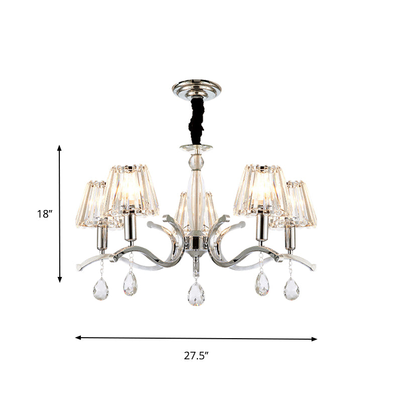 Silver 5/6 Bulbs Hanging Chandelier Modernist Crystal Tapered Suspension Pendant Lamp Clearhalo 'Ceiling Lights' 'Chandeliers' 'Modern Chandeliers' 'Modern' Lighting' 754840