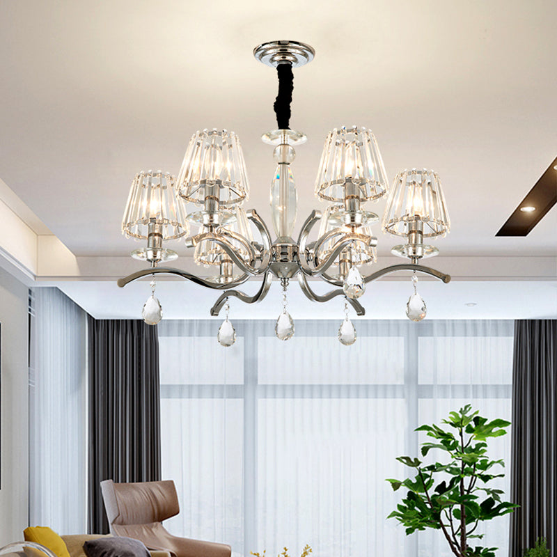 Silver 5/6 Bulbs Hanging Chandelier Modernist Crystal Tapered Suspension Pendant Lamp Clearhalo 'Ceiling Lights' 'Chandeliers' 'Modern Chandeliers' 'Modern' Lighting' 754842