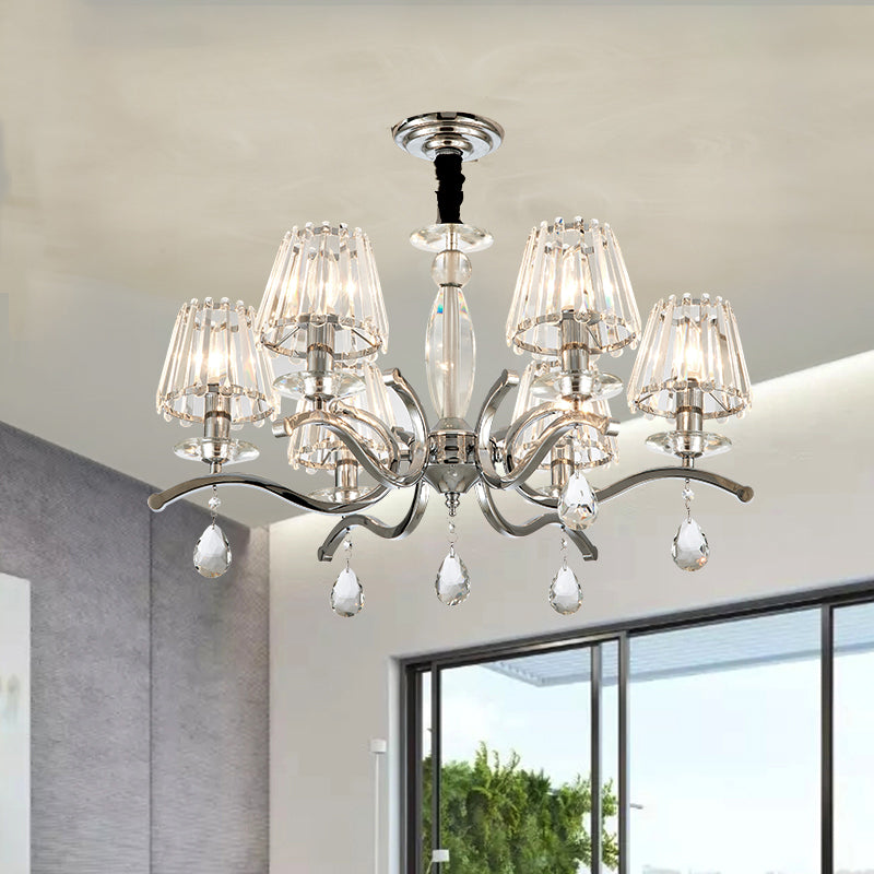 Silver 5/6 Bulbs Hanging Chandelier Modernist Crystal Tapered Suspension Pendant Lamp Clearhalo 'Ceiling Lights' 'Chandeliers' 'Modern Chandeliers' 'Modern' Lighting' 754843