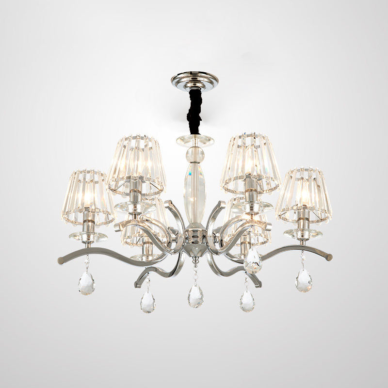 Silver 5/6 Bulbs Hanging Chandelier Modernist Crystal Tapered Suspension Pendant Lamp Clearhalo 'Ceiling Lights' 'Chandeliers' 'Modern Chandeliers' 'Modern' Lighting' 754844