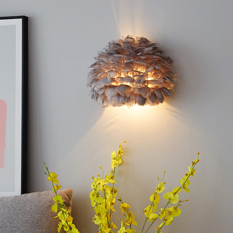 Designer Half Globe Wall Lighting 1 Bulb Feather Sitting Room Flush Mount Wall Sconce in White/Grey Grey Clearhalo 'Modern wall lights' 'Modern' 'Wall Lamps & Sconces' 'Wall Lights' Lighting' 754927