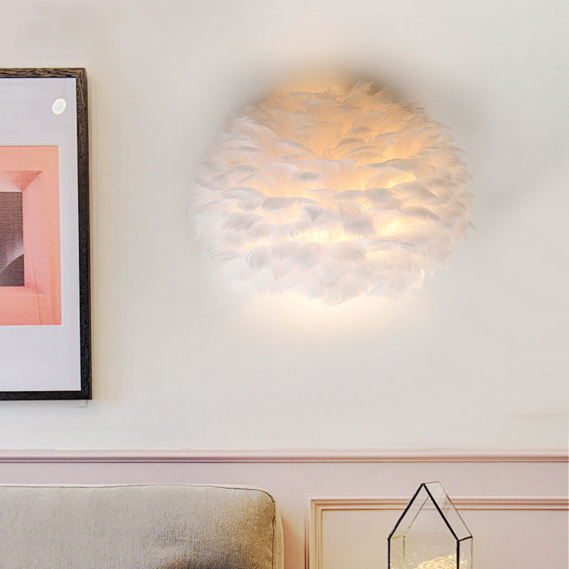 Designer Half Globe Wall Lighting 1 Bulb Feather Sitting Room Flush Mount Wall Sconce in White/Grey White Clearhalo 'Modern wall lights' 'Modern' 'Wall Lamps & Sconces' 'Wall Lights' Lighting' 754931