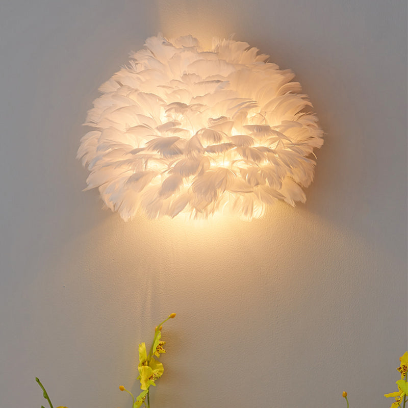 Designer Half Globe Wall Lighting 1 Bulb Feather Sitting Room Flush Mount Wall Sconce in White/Grey Clearhalo 'Modern wall lights' 'Modern' 'Wall Lamps & Sconces' 'Wall Lights' Lighting' 754932