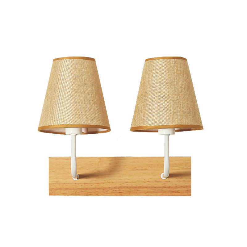 Flaxen Cone Shade Wall Mounted Light Nordic 2 Bulbs Fabric Sconce Light Fixture with Rectangle Wood Backplate Clearhalo 'Modern wall lights' 'Modern' 'Wall Lamps & Sconces' 'Wall Lights' Lighting' 754948