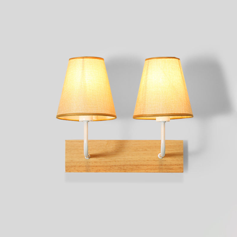 Flaxen Cone Shade Wall Mounted Light Nordic 2 Bulbs Fabric Sconce Light Fixture with Rectangle Wood Backplate Clearhalo 'Modern wall lights' 'Modern' 'Wall Lamps & Sconces' 'Wall Lights' Lighting' 754949