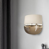 Modern Arched Wall Sconce Grid Pattern Fabric 1-Light Bedside Wall Mount Fixture in White with Bowl Tan Glass Bottom White Clearhalo 'Cast Iron' 'Glass' 'Industrial' 'Modern wall lights' 'Modern' 'Tiffany' 'Traditional wall lights' 'Wall Lamps & Sconces' 'Wall Lights' Lighting' 754959