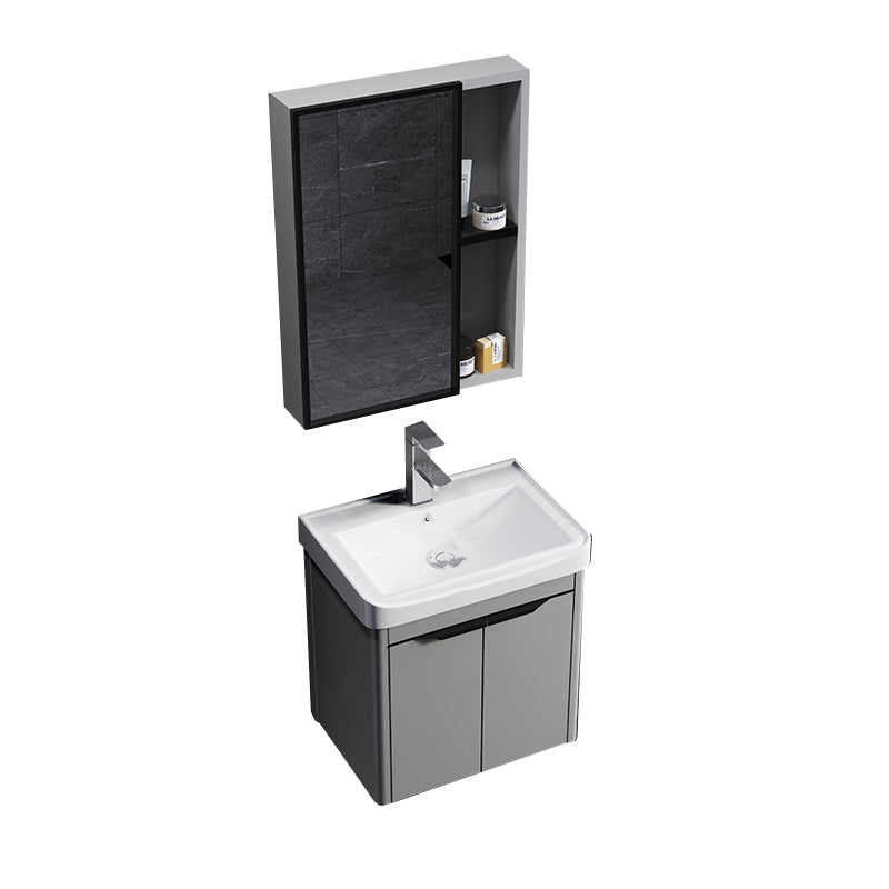 Single Sink Modern Bathroom Vanity Gray Metal Frame Rectangular Vanity Set Vanity & Faucet & Mirror Cabinet https: res.litfad.com site img item 2023 02 18 7551314 1200x1200.jpg White Clearhalo 'Bathroom Remodel & Bathroom Fixtures' 'Bathroom Vanities' 'bathroom_vanities' 'Home Improvement' 'home_improvement' 'home_improvement_bathroom_vanities' 7551314