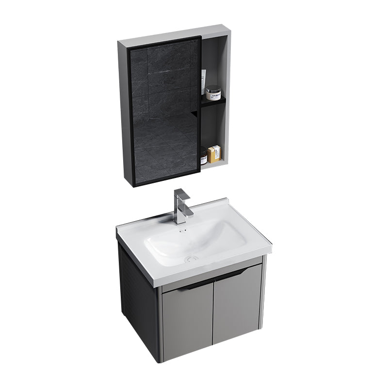 Single Sink Modern Bathroom Vanity Gray Metal Frame Rectangular Vanity Set Vanity & Faucet & Mirror Cabinet https: res.litfad.com site img item 2023 02 12 7551316 1200x1200.jpg White Clearhalo 'Bathroom Remodel & Bathroom Fixtures' 'Bathroom Vanities' 'bathroom_vanities' 'Home Improvement' 'home_improvement' 'home_improvement_bathroom_vanities' 7551316