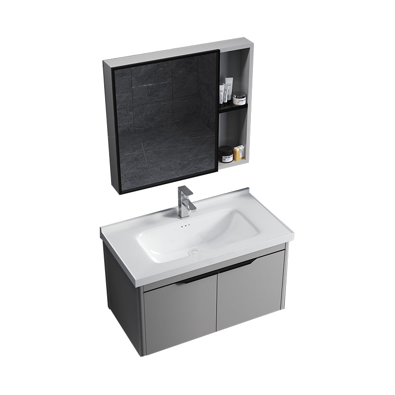 Single Sink Modern Bathroom Vanity Gray Metal Frame Rectangular Vanity Set Vanity & Faucet & Mirror Cabinet https: res.litfad.com site img item 2023 02 12 7551318 1200x1200.jpg White Clearhalo 'Bathroom Remodel & Bathroom Fixtures' 'Bathroom Vanities' 'bathroom_vanities' 'Home Improvement' 'home_improvement' 'home_improvement_bathroom_vanities' 7551318