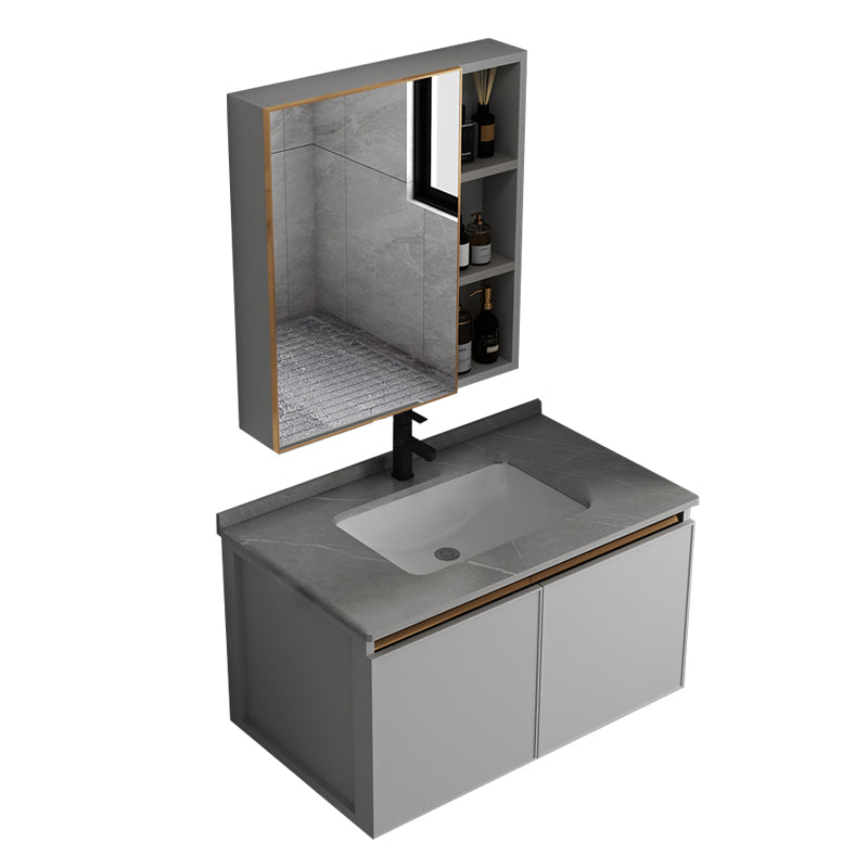 Wall Mount Bathroom Vanity Modern Gray Single-Sink Metal Frame Vanity Set Vanity & Faucet & Mirror Cabinet 31"L x 19"W x 17"H Clearhalo 'Bathroom Remodel & Bathroom Fixtures' 'Bathroom Vanities' 'bathroom_vanities' 'Home Improvement' 'home_improvement' 'home_improvement_bathroom_vanities' 7551344