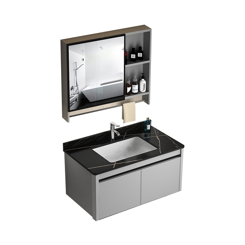 Single Sink Bathroom Vanity Modern Gray Rectangular Bath Vanity Vanity & Faucet & Mirror Cabinet 31.5"L x 18.5"W x 17.7"H Black Clearhalo 'Bathroom Remodel & Bathroom Fixtures' 'Bathroom Vanities' 'bathroom_vanities' 'Home Improvement' 'home_improvement' 'home_improvement_bathroom_vanities' 7551439