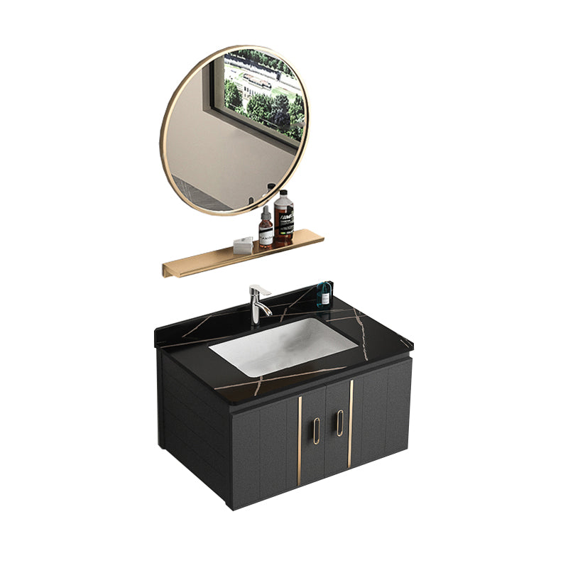 Rectangular Bathroom Vanity Modern Black Single-Sink Wall Mount Vanity Set Vanity & Faucet & Mirrors 27.6"L x 18.5"W x 17.7"H Black Clearhalo 'Bathroom Remodel & Bathroom Fixtures' 'Bathroom Vanities' 'bathroom_vanities' 'Home Improvement' 'home_improvement' 'home_improvement_bathroom_vanities' 7551473