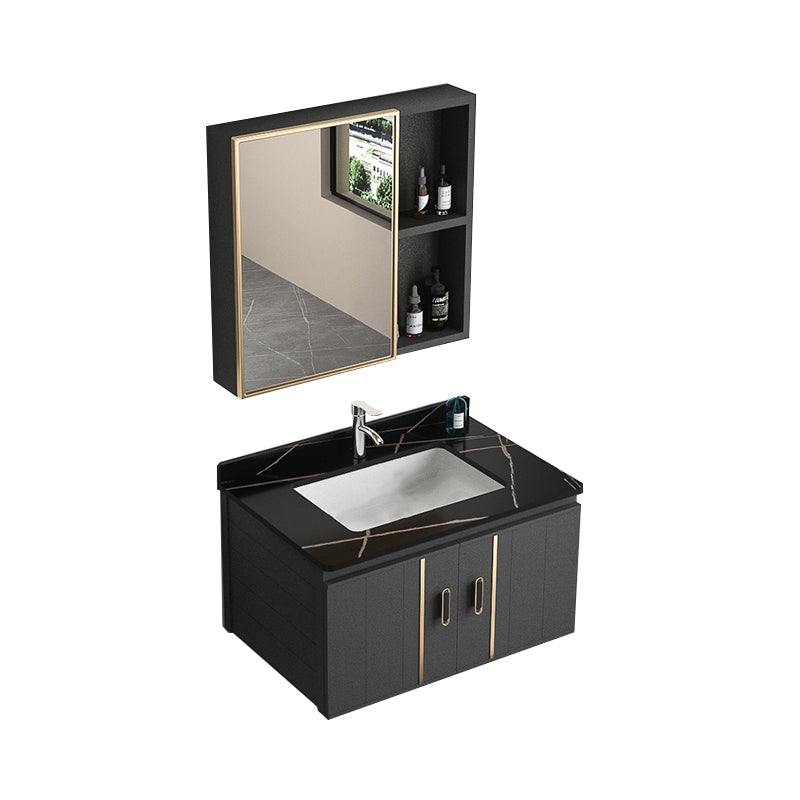 Rectangular Bathroom Vanity Modern Black Single-Sink Wall Mount Vanity Set Vanity & Faucet & Mirror Cabinet 27.6"L x 18.5"W x 17.7"H Black Clearhalo 'Bathroom Remodel & Bathroom Fixtures' 'Bathroom Vanities' 'bathroom_vanities' 'Home Improvement' 'home_improvement' 'home_improvement_bathroom_vanities' 7551492